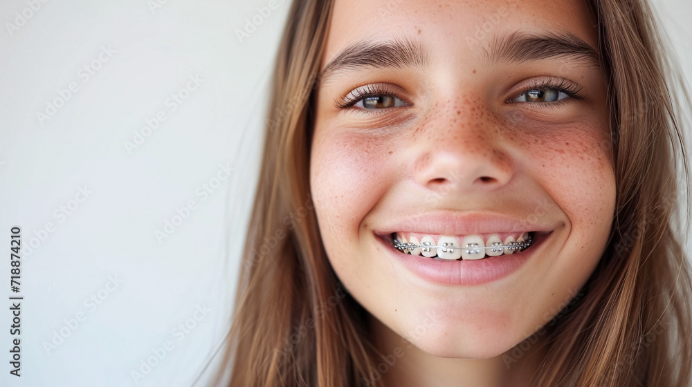 portrait of smiling teenager girl with braces on teeth. Bite correction, orthodontist, health, medicine, dentistry portrait of smiling teenager girl with braces on teeth. Bite correction, orthodontist, health, medicine, dentistry