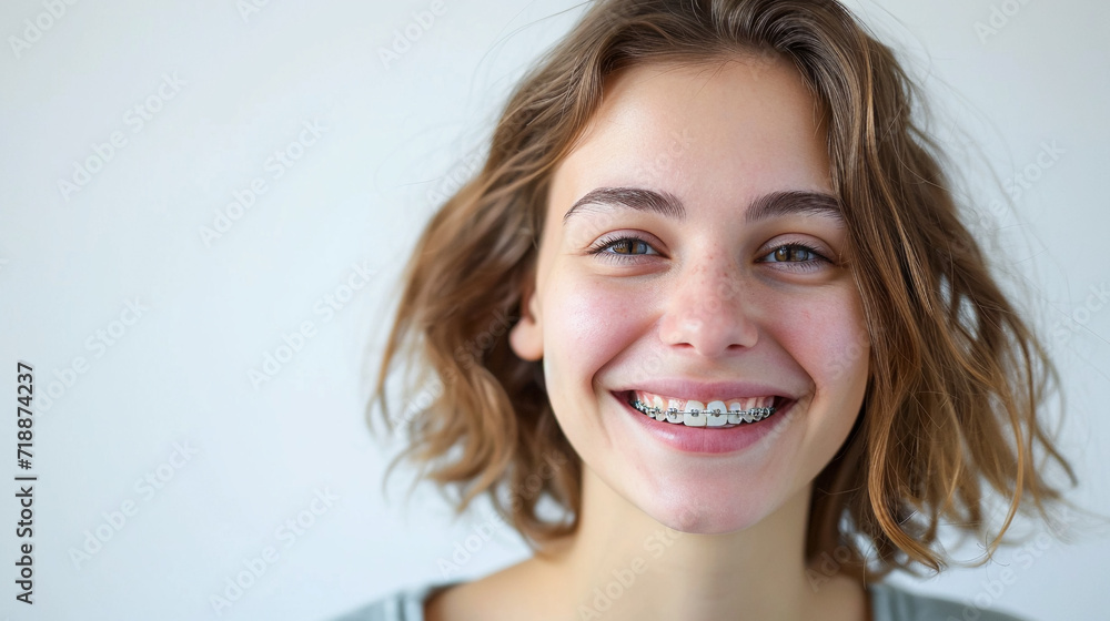 portrait of smiling teenager girl with braces on teeth. Bite correction, orthodontist, health, medicine, dentistry portrait of smiling teenager girl with braces on teeth. Bite correction, orthodontist, health, medicine, dentistry