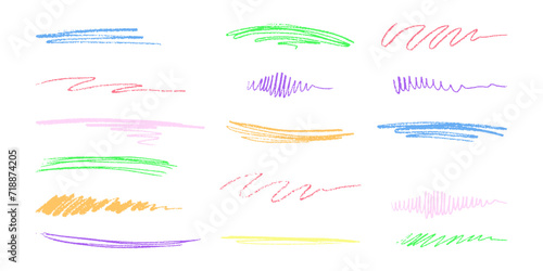 Hand-drawn underlining elements, brush with crayon effect, chalk texture. Chalk stroke for highlighting. Vector illustration in children's style. Crayon brush colored underline.