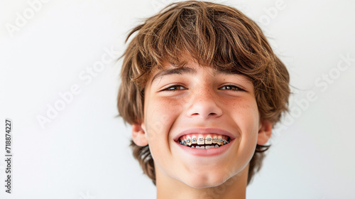  portrait of smiling teenager boy with braces on teeth. Bite correction, orthodontist, health, medicine, dentistry
