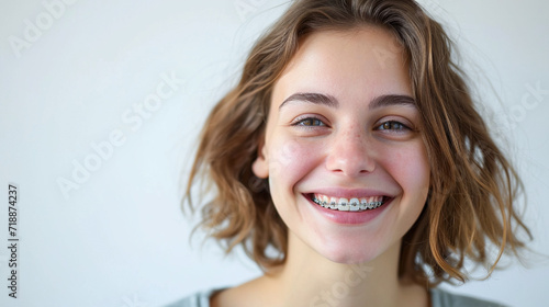 portrait of smiling teenager girl with braces on teeth. Bite correction, orthodontist, health, medicine, dentistry