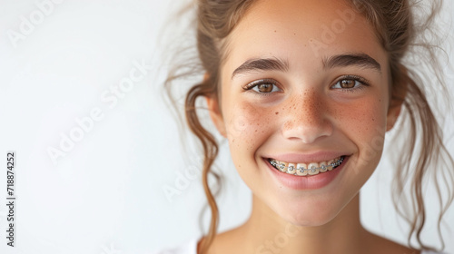 portrait of smiling teenager girl with braces on teeth. Bite correction, orthodontist, health, medicine, dentistry