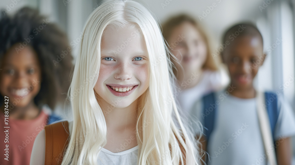 Lovely albino girl smiling and looking at camera while standing in school hallway. People individually, self acceptance. Lovely albino girl smiling and looking at camera while standing in school hallway. People individually, self acceptance.
