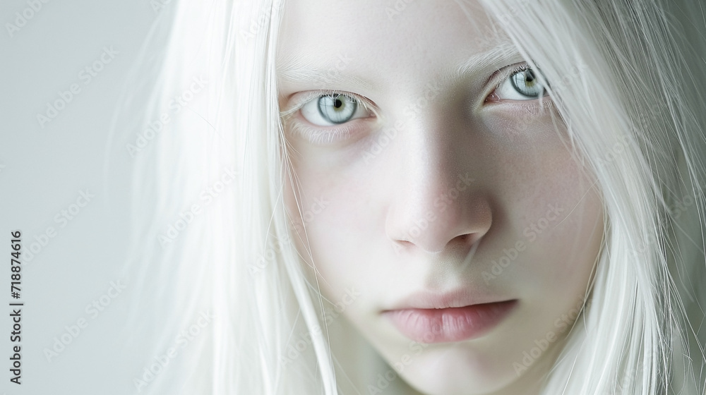  Portrait of teenage girl albino posing in studio, body positivity, diversity, and fashion, beautiful portrait of albino girl.