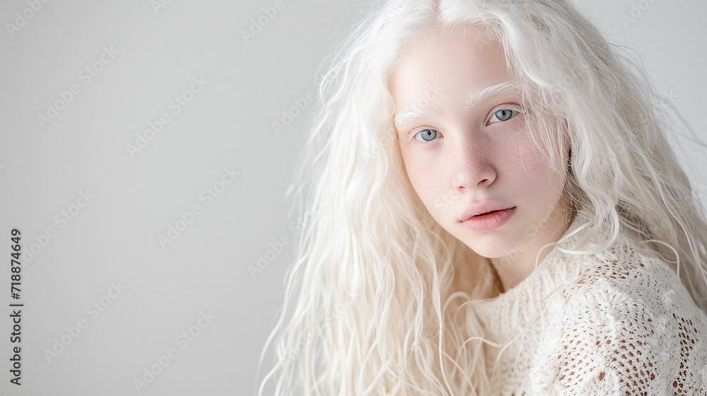 Portrait of teenage girl albino posing in studio, body positivity, diversity, and fashion, beautiful portrait of albino girl. Portrait of teenage girl albino posing in studio, body positivity, diversity, and fashion, beautiful portrait of albino girl.