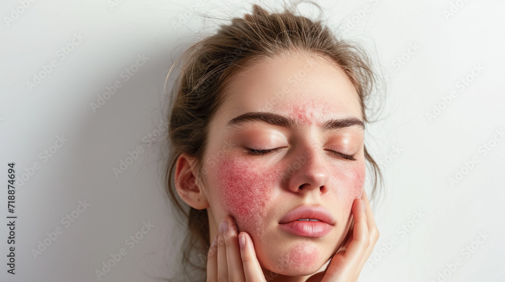 young woman with skin problem rosacea on the face. Medicine and cosmetology. rosacea skin condition.
young woman with skin problem rosacea on the face. Medicine and cosmetology. rosacea skin condition.