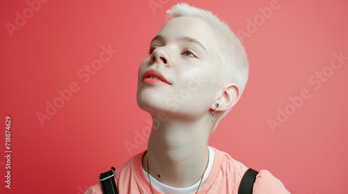 Portrait of young woman albino posing in studio, body positivity, diversity, and fashion, beautiful portrait of albino girl.