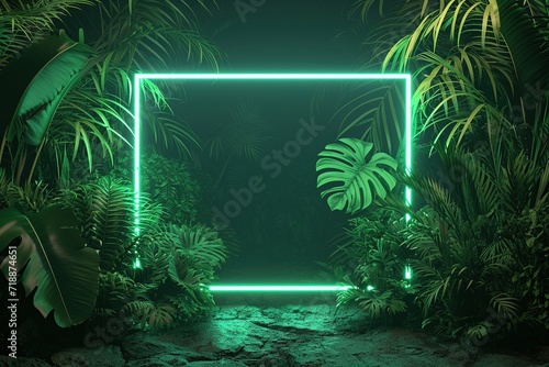 Green neon frame in night jungle