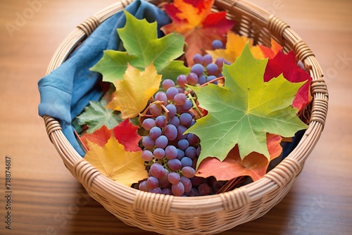 harvest basket full of tempranillo grapes, vine leaves