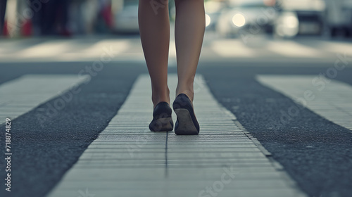 Close-up photo of woman's legs from behind. The person crosses the road at pedestrian crossing photo