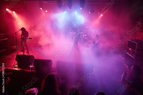 Rock concert stage with band performing in pink lights