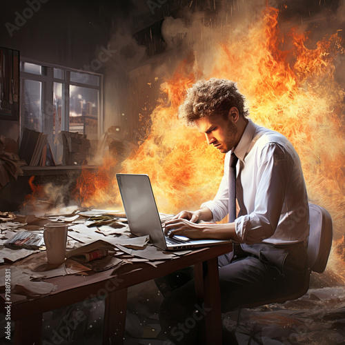 man working on laptop fire 