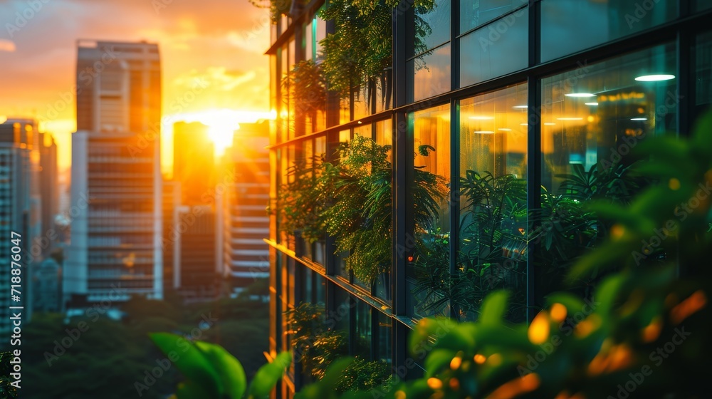 Fototapeta premium Eco-friendly building in the modern city. Sustainable glass office building with tree for reducing carbon dioxide. Office building with green environment