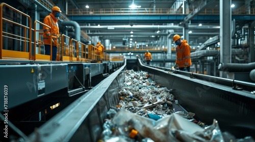 Inside view of a contemporary ecological plant, automated systems managing waste recycling, workers in protective gear ensuring safety photo