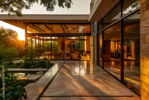 Contemporary architecture with natural views and evening sun.