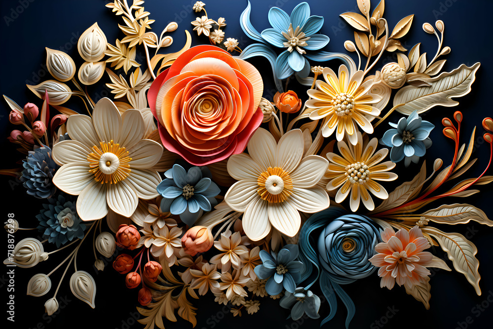 Colorful floral bouquet on dark blue background. Top view.