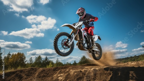 motorcycle stunt or car jump  A off road moto cross type motor bike in mid air during a jump with a dirt trail
