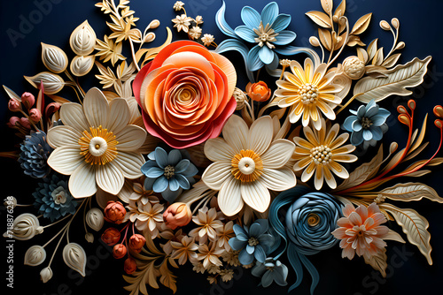 Colorful floral bouquet on dark blue background. Top view.