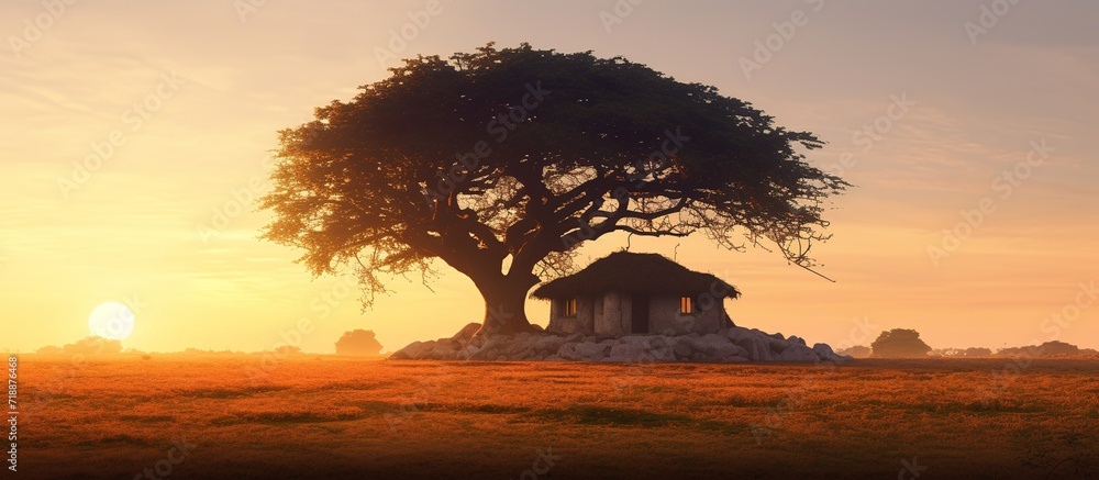 Silhouette of beautiful Big tree and hut on sunrise