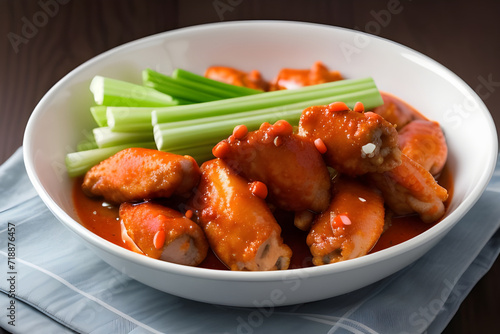 A bowl of spicy buffalo wings with celery and blue cheese