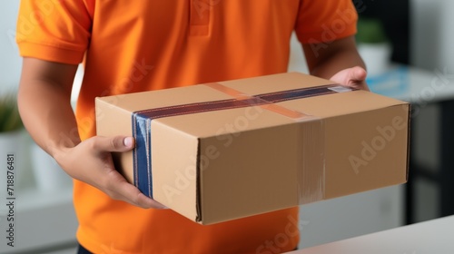Delivery man employee in orange cap and orange uniform hold empty cardboard box