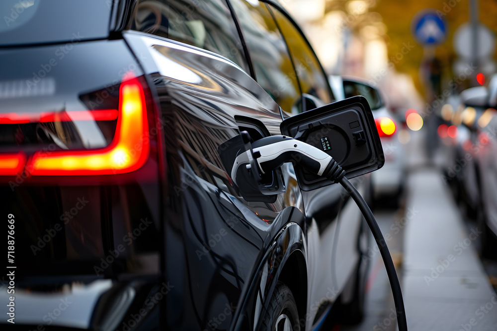 Close-up photo of a man using a device to charge his electric car Close-up photo of a man using a device to charge his electric car