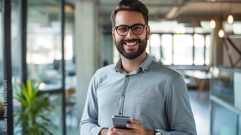 Male professional holding a mobile phone in an office Male professional holding a mobile phone in an office