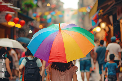 colorful umbrella open in the crowded street on the street