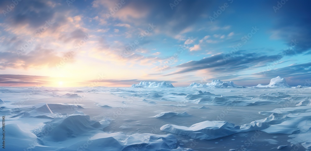 Frozen expanse of sea with beautiful sunset views. generative AI