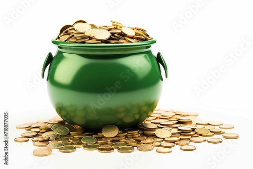 Green Pot Of Gold Coins Celebrating St Patricks Day on white background