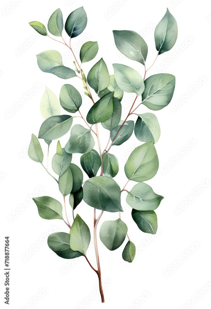 Fototapeta Nature's Delight: A Watercolor Floral Illustration of Exotic Eucalyptus Foliage, Gracefully Flowing on a Botanical Background