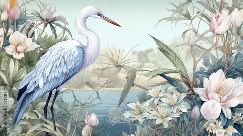 Botanical chinoiserie background with crane bird. AI generated image. © yekaterinalim