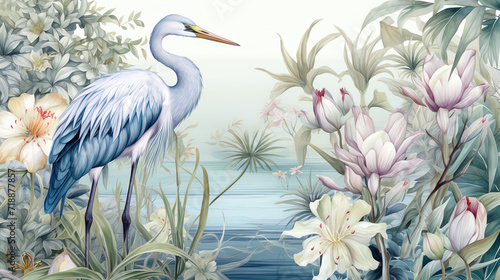 Botanical chinoiserie background with crane bird. AI generated image.