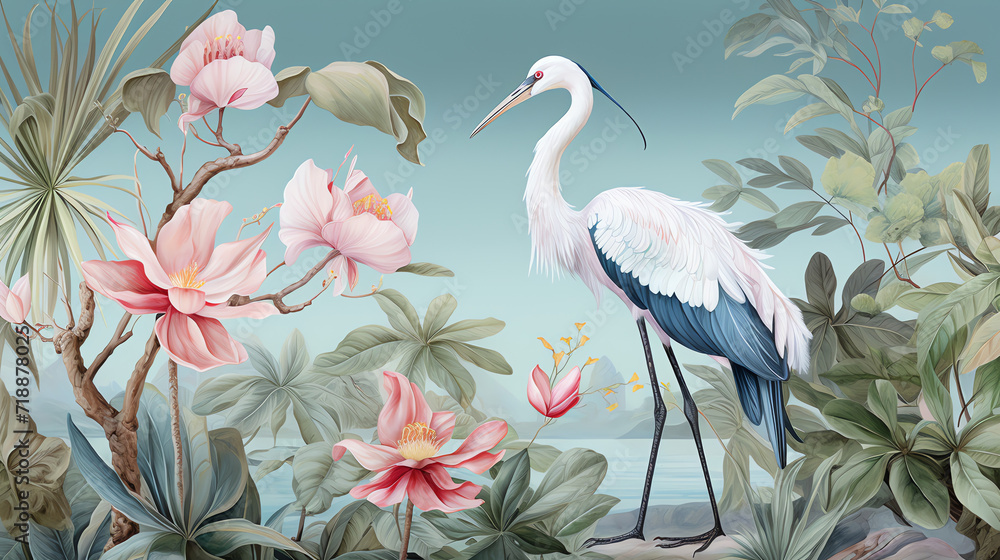 Fototapeta Botanical chinoiserie background with crane bird. AI generated image.