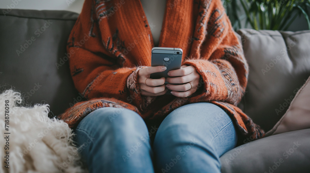 Person hält Smartphone in beiden Händen sitzend Ausschnitt vom Schoss auf einer Bank oder Sofa Generative AI Person hält Smartphone in beiden Händen sitzend Ausschnitt vom Schoss auf einer Bank oder Sofa Generative AI