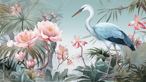 Botanical chinoiserie background with crane bird. AI generated image. photo