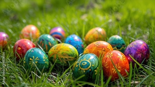 Many colorful easter eggs painted with water paint in the grass of a meadow for easter