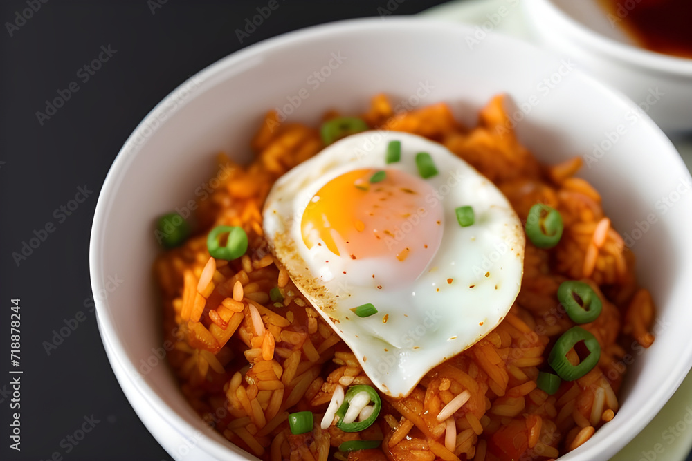 A bowl of spicy kimchi fried rice with a fried egg A bowl of spicy kimchi fried rice with a fried egg