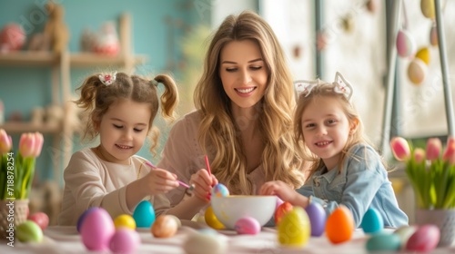 Happy family mother and child painting easter eggs for easter