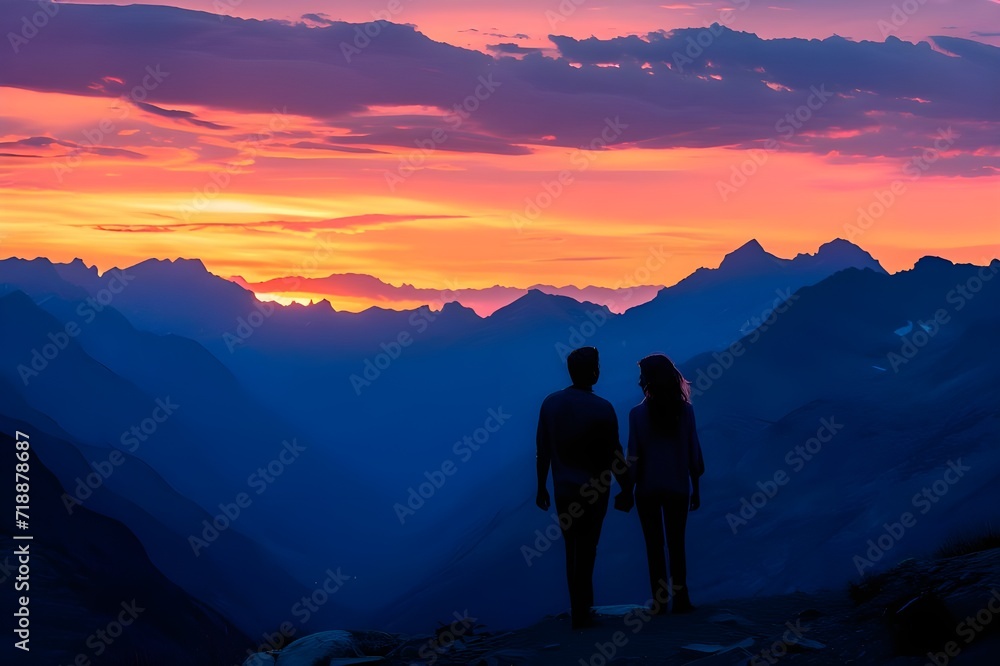 silhouette of a man and woman against the background of dark mountains at dawn