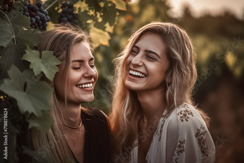 Two women in a vineyard, are surrounded by grapevines during golden hour, evoking a serene atmosphere. ai generative