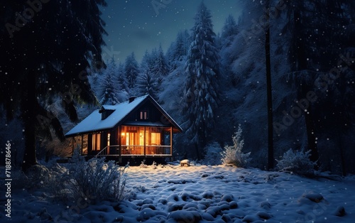 A house standing in the middle of a snowy forest at night. generative AI © original logo