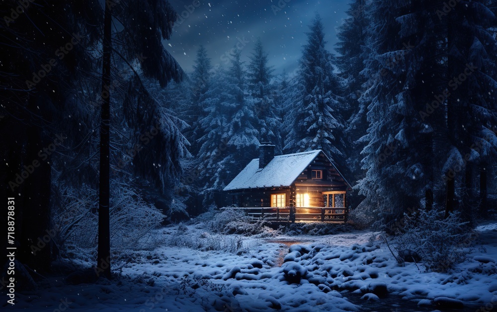 A house standing in the middle of a snowy forest at night. generative AI A house standing in the middle of a snowy forest at night. generative AI
