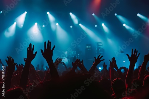 Background with concert goers hands. Wallpaper with empty stage at music festival
