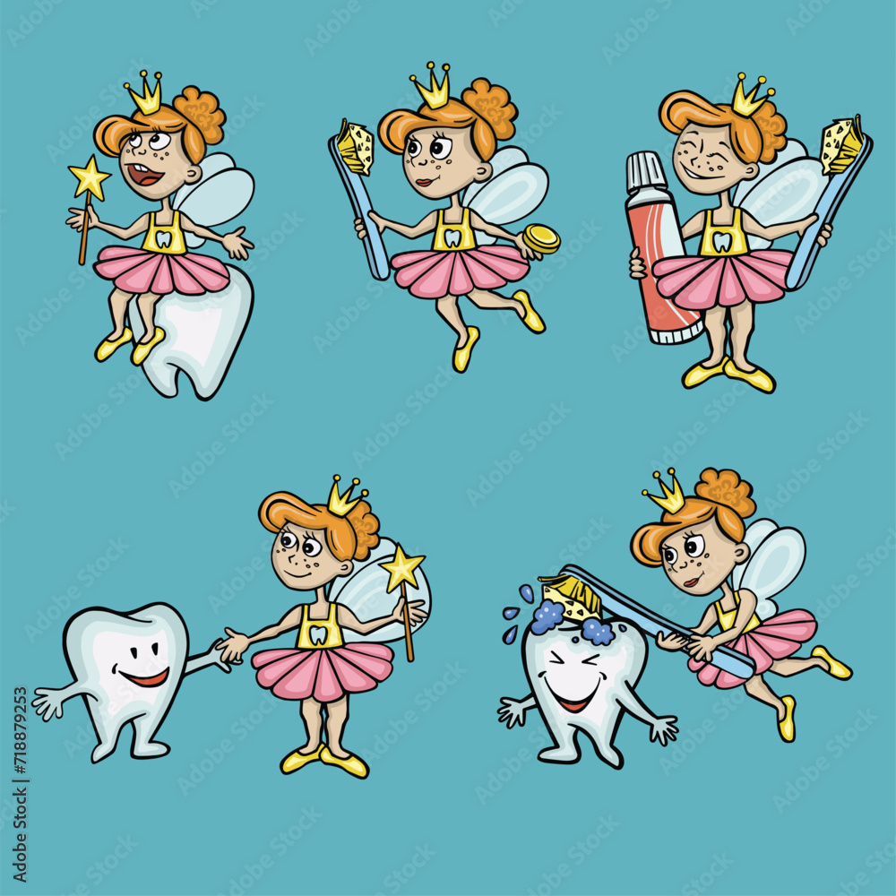 Set with tooth fairy and tooth character, vector Set with tooth fairy and tooth character, vector