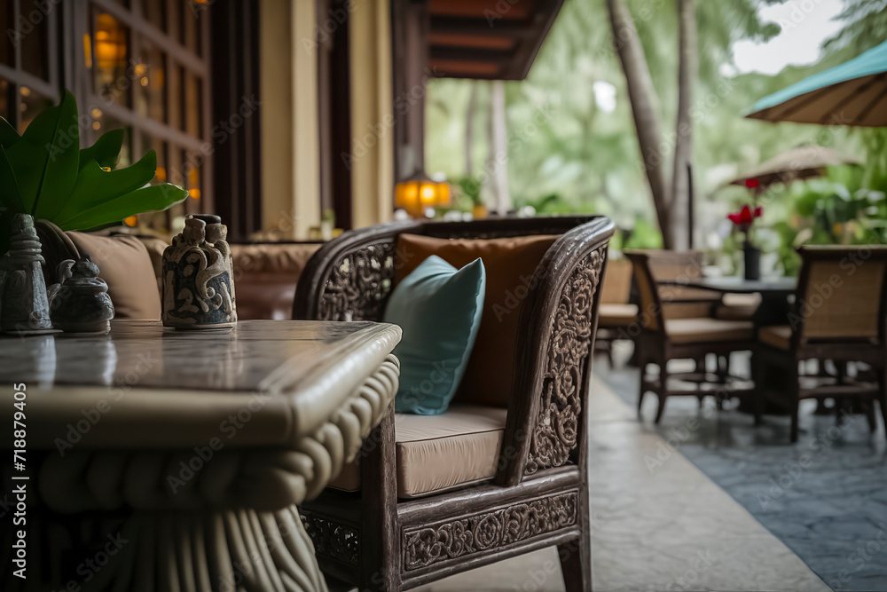 A cozy, elegant outdoor seating area with detailed wooden furniture, cushions, and greenery creating a serene atmosphere, ai generative