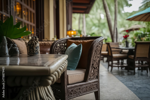 A cozy  elegant outdoor seating area with detailed wooden furniture  cushions  and greenery creating a serene atmosphere  ai generative