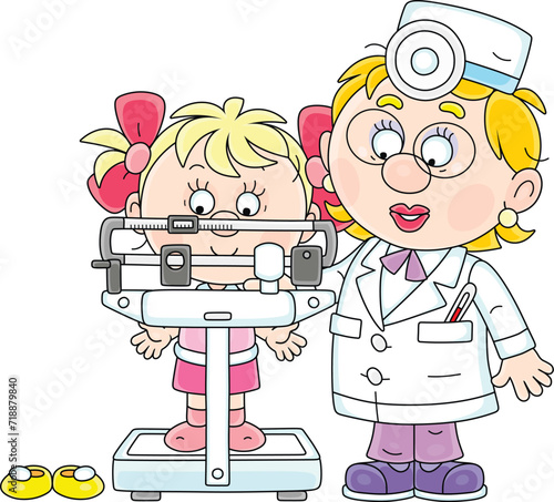 Doctor measuring a weight of a little girl on scales during a medical examination in a pediatric polyclinic, vector cartoon illustration isolated on a white background
