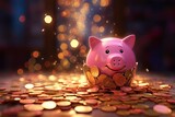 Piggy bank receives coin, adds to pile