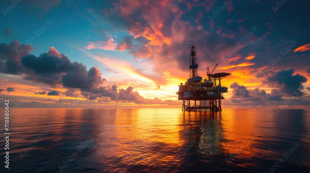 Fototapeta premium A panoramic view of an oil rig at dawn, with workers starting their shift, the silhouette of the structure against the awakening sky, and the reflection on the calm sea
